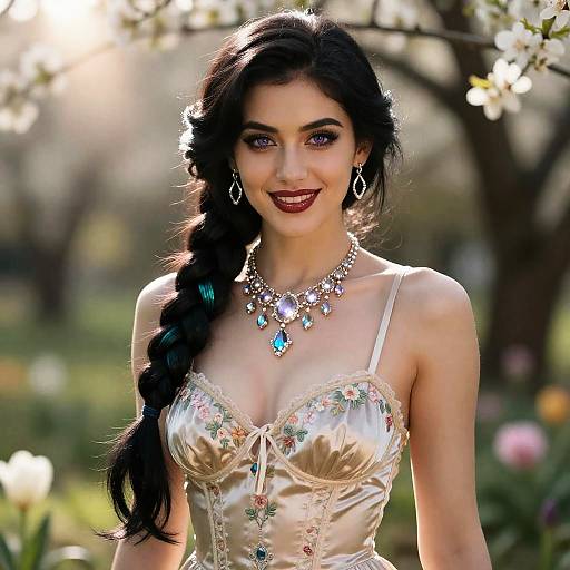 Woman with Violet Eyes and Vintage Silk Chemise in Garden