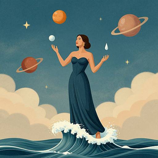 Digital illustration of a woman in a dark blue, strapless gown standing on a wave, controlling planets with her hands against a night sky with clouds.