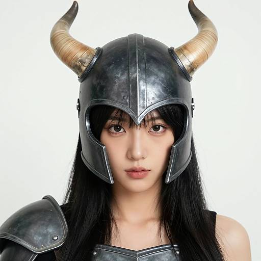 Photograph of an East Asian woman with pale skin, black hair, and large golden horns on a black medieval helmet. She wears shoulder armor, with