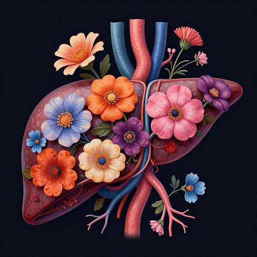 Digital artwork of a colorful, flower-adorned human liver with blue, red, and pink arteries against a black background.
