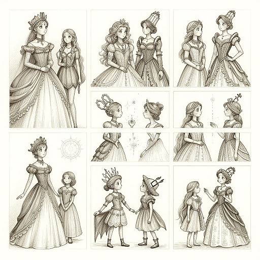 Black-and-white sketch collection of princesses in elaborate dresses, various poses, and expressions, showing detailed attire, hairstyles, and interactions.