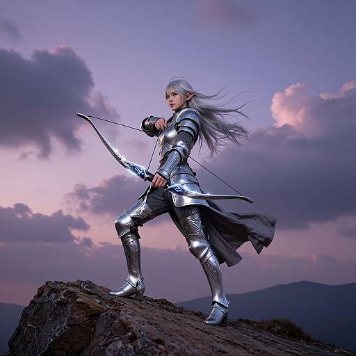 Elegant white-haired elf warrior with pointed ears, dressed in silver armor, draws a bow on a rocky cliff at sunset.