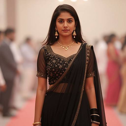 Photograph of a confident Indian woman in a black, gold-embellished saree, wearing gold jewelry, standing on a red carpet, blurred