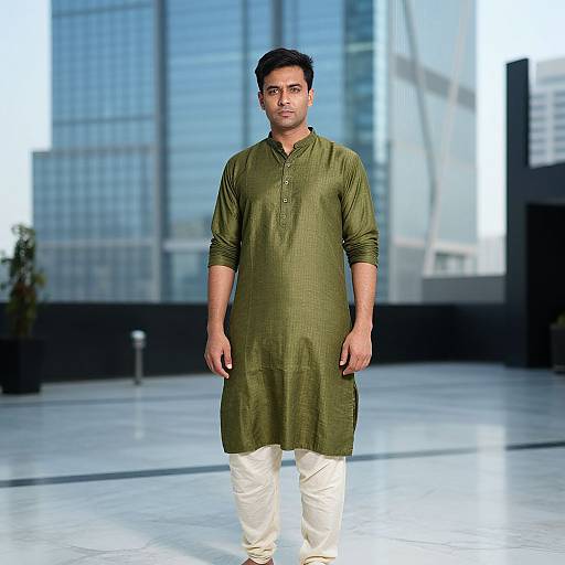 Photograph of a young South Asian man with dark hair, wearing a green traditional kurta and white pants, standing confidently on a modern, reflective stage