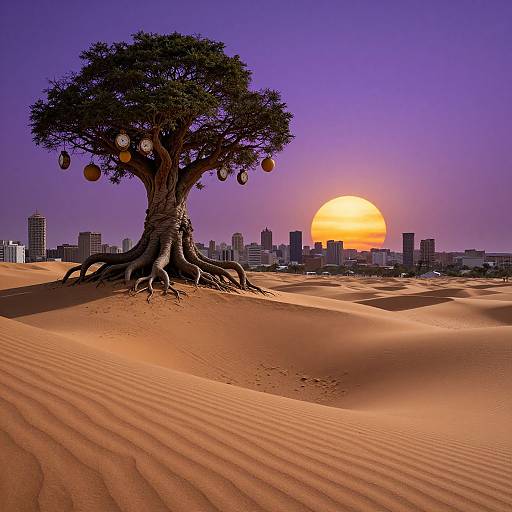 Photograph-style digital artwork of a tree with hanging ornaments in a desert at sunset, with a city skyline in the background.