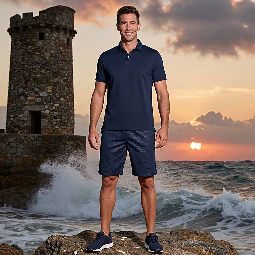 Athletic Man by Rustic Tower at Sunset