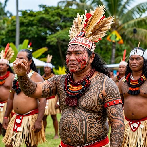 Photograph of a muscular Polynesian man with intricate tattoos, wearing a feathered headband, beaded necklace, and grass skirt, leading a