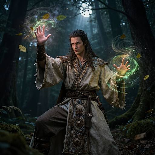 Photograph of a dark-haired, muscular man in medieval attire, conjuring green, swirling magic in a dark, misty forest.