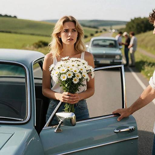 Vintage Car Scene with Concerned Woman