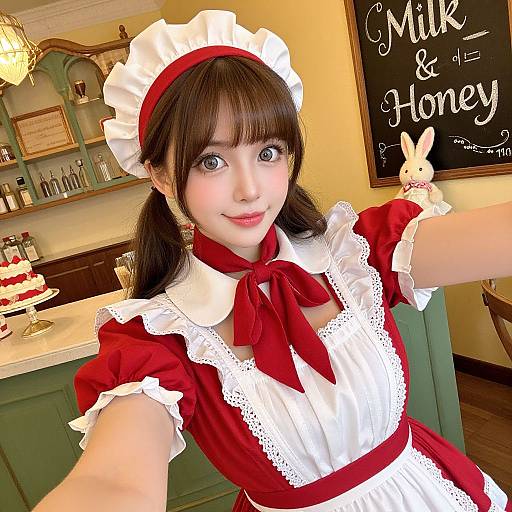 Young Asian woman in red and white French maid outfit, pigtails, and headband, taking a selfie in a cozy café with 