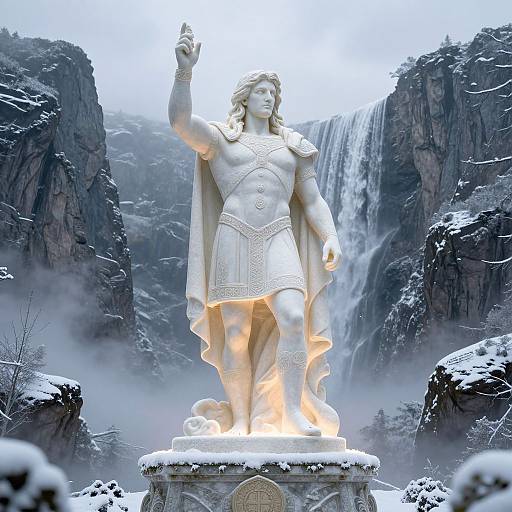 Photograph of a glowing white marble statue of a warrior with long hair, raised arm, and flowing cloak, standing amidst snow-covered rocks and a waterfall