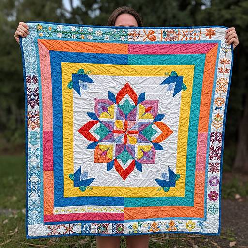 Photograph of a person holding a colorful, square quilt with a starburst pattern, featuring vibrant red, blue, yellow, and orange blocks, outdoors