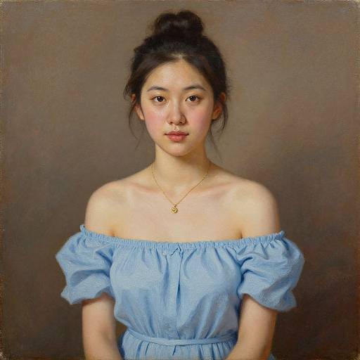 Photographic-style painting of an Asian woman with fair skin, dark hair in a bun, wearing an off-shoulder light blue dress and gold necklace