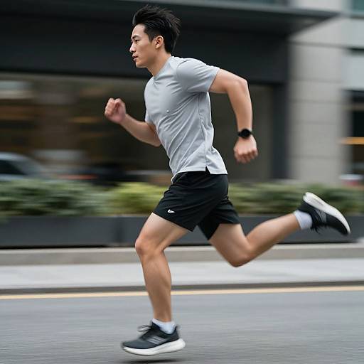 Photograph of an Asian male runner in a white shirt, black shorts, and black sneakers, mid-stride on a city street.