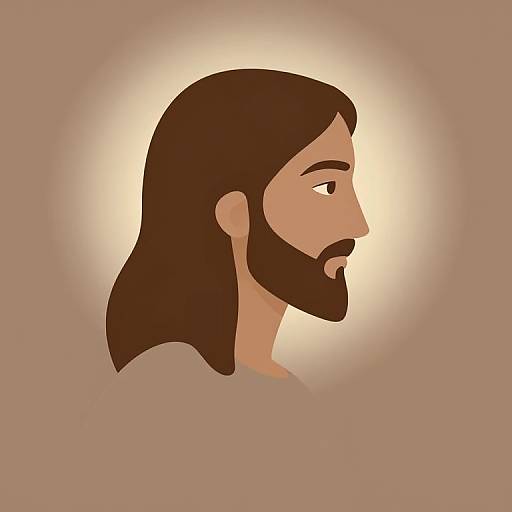 Digital illustration of a side profile of a bearded man with long brown hair, glowing halo, against a brown background.