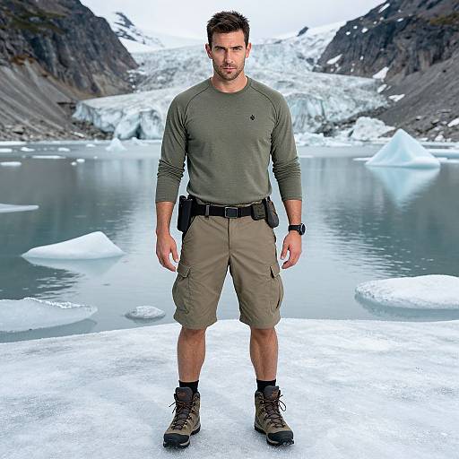 Photograph of a muscular, bearded man in olive-green long-sleeve shirt, khaki shorts, black boots, and utility belt, standing