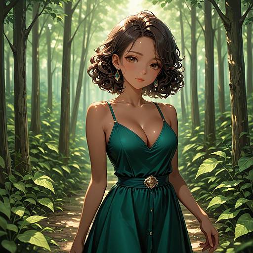 Dark-Skinned Woman in Green Dress in Forest