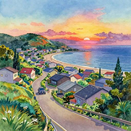 Vibrant Coastal Town Sunrise