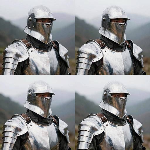 Photograph of a knight in shiny silver plate armor with a reflective helmet, standing outdoors against a blurred mountainous background. Four identical close-up images arranged