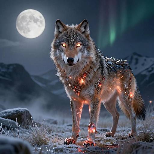 Glowing Garnet Wolf in Alpine Night