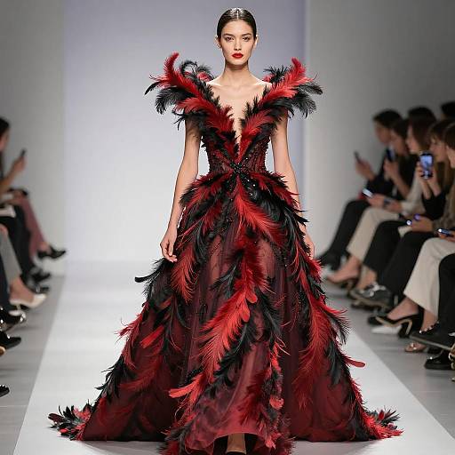 Avant-Garde Fashion Model in Feathered Gown