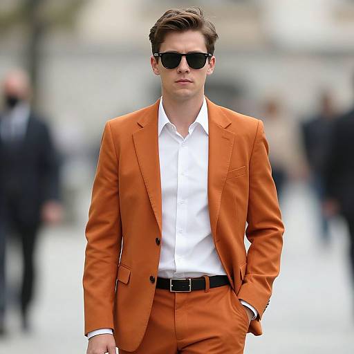 Photograph of a handsome man with short brown hair, wearing black sunglasses, white shirt, and vibrant orange suit, walking confidently outdoors.