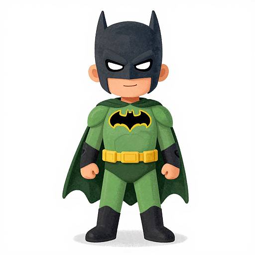 Photograph of a stylized, blocky LEGO Batman figure with green suit, black cape, and cowl, white eyes, and yellow belt,