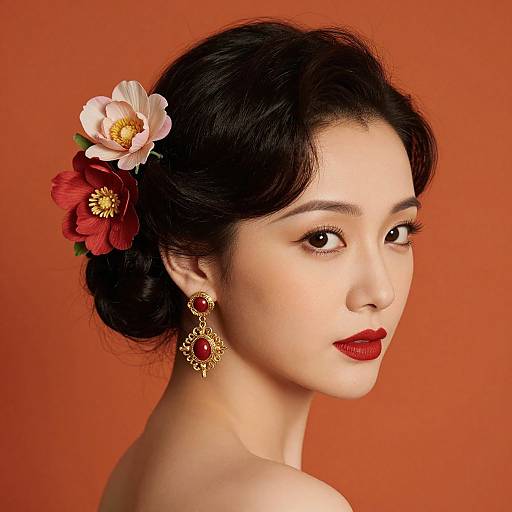 Photograph of an elegant Asian woman with fair skin, black hair in an updo adorned with red and white flowers, red lipstick, gold earrings,