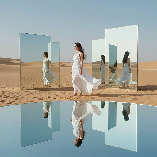 Photograph of a woman in a flowing white dress, mirrored reflections, and glass panels in a desert with sand dunes.