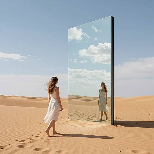 Photograph of a woman in a white dress walking in a desert, reflecting in a tall, vertical mirror under a clear blue sky.