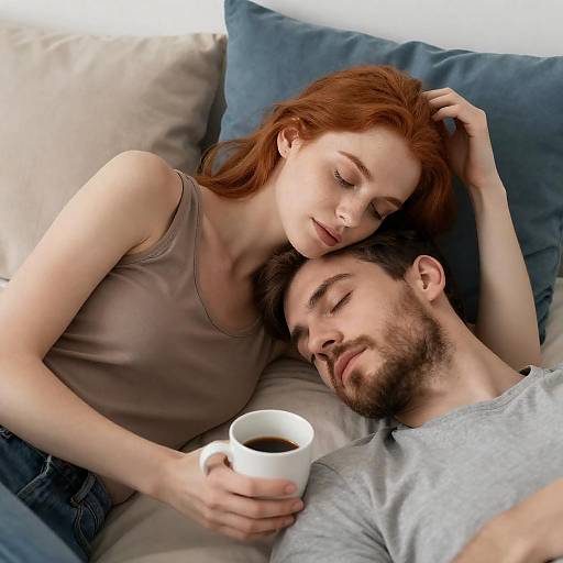 Couple Relaxing with Coffee in Bed