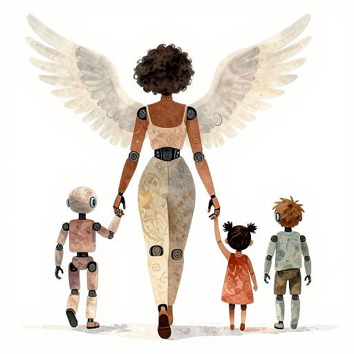 Black Angel Mom Walking with Robotic Children