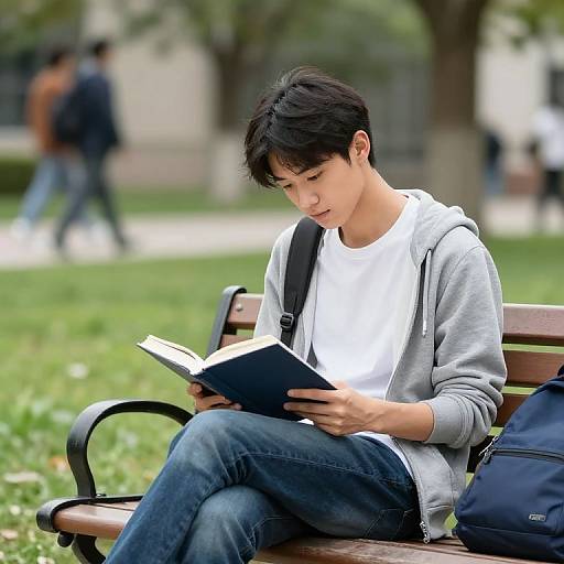 Photograph of an Asian teenage boy with short black hair, wearing a gray hoodie and jeans, sitting on a park bench reading a book. Background: