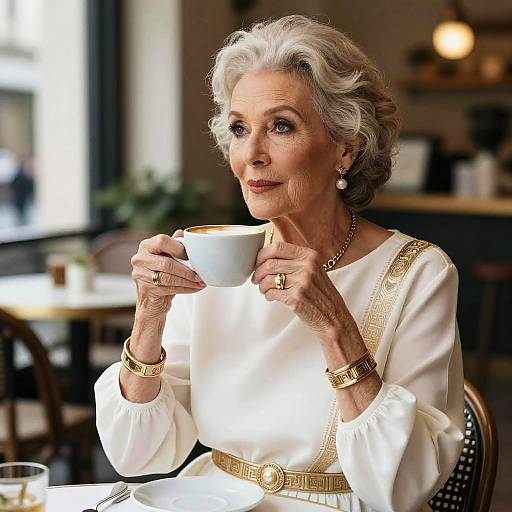 Elegant elderly woman with gray curly hair, wearing a white dress with gold trim, holding a cup of coffee, seated in a cozy café. Photograph