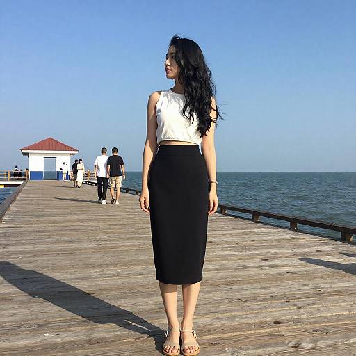 Photograph of a young woman with long black hair, wearing a white sleeveless top and black knee-length skirt, standing on a wooden pier with blue