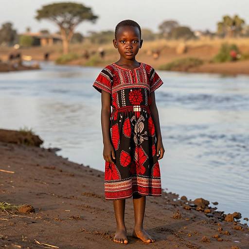 Photograph of a young African girl standing barefoot on a muddy riverside, wearing a red and black patterned dress, with a blurred rural landscape