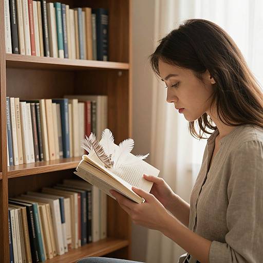 Photograph of a young woman with long brown hair, wearing a beige blouse, reading a book with white feather illustrations, standing beside a wooden bookshelf