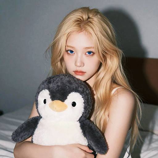 Young Woman Holding Plush Penguin Toy
