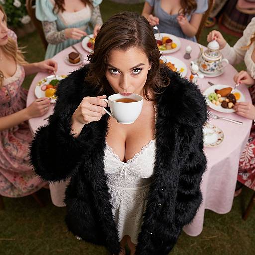 Photograph of a woman with dark hair and large breasts, wearing a black fur coat and white lace dress, holding a teacup at a table