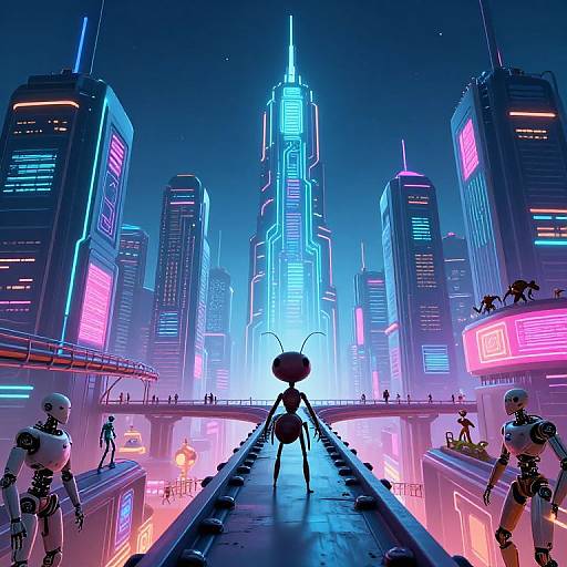 Neon-lit futuristic cityscape with towering skyscrapers, glowing signs, and robotic figures on a bridge. Central insect-like figure stands silhou
