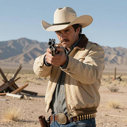 Desert Cowboy Aiming Revolver Intently