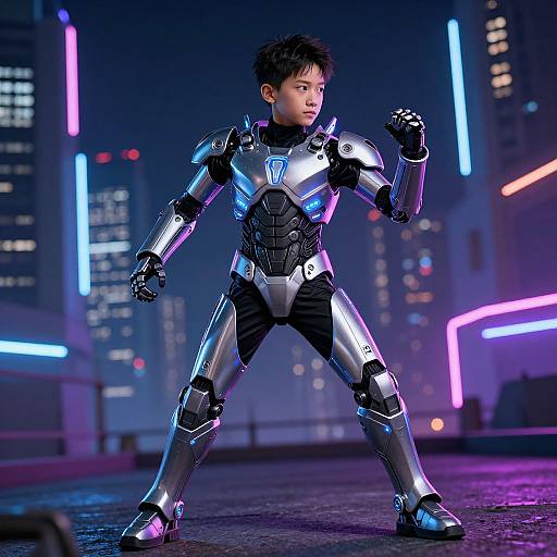 CGI image of a young Asian boy in futuristic, silver and black armored suit, standing in a neon-lit cityscape at night, fists clen