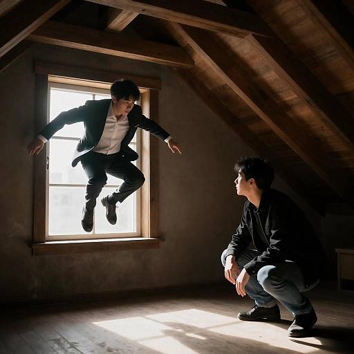 Sunlit Leap in a Wooden Attic