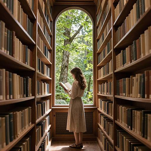 Photograph of a woman with long brown hair in a white dress, standing between tall wooden bookshelves, reading a book, with a sunlit