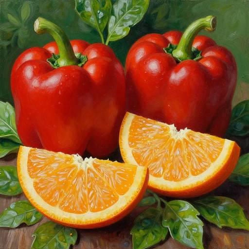 Photograph of two vibrant red bell peppers, two green leafy stems, and two bright orange citrus slices, arranged on a wooden surface.