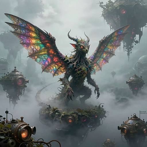 Digital fantasy artwork: A majestic, rainbow-winged dragon with glowing red eyes stands on a floating, mechanical island amidst misty, steampunk city
