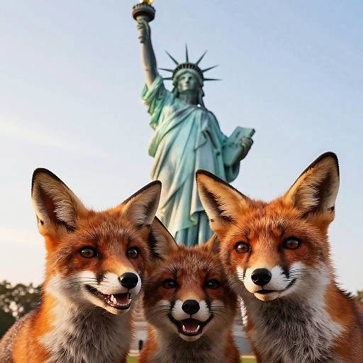 Photograph of three red foxes with alert expressions in the foreground, with the Statue of Liberty in the background. Bright daylight.