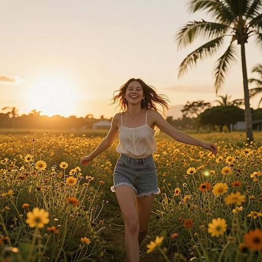 Photograph of a smiling young woman with long brown hair, wearing a white crop top and denim shorts, running joyfully through a sunlit field of
