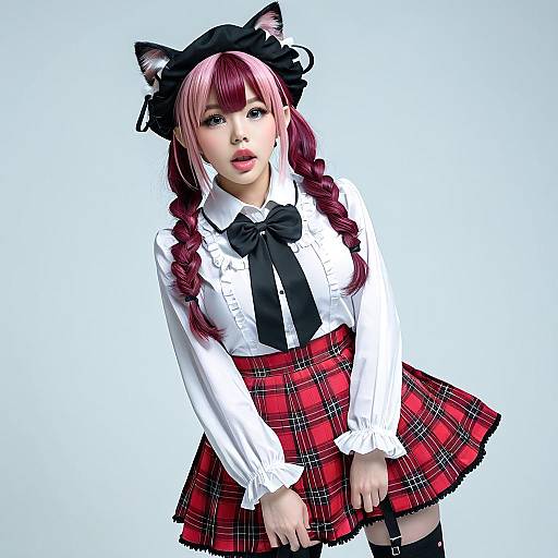 Digital anime-style image of a pink-haired girl with cat ears, wearing a white blouse, black bow, red plaid skirt, and black thigh-high
