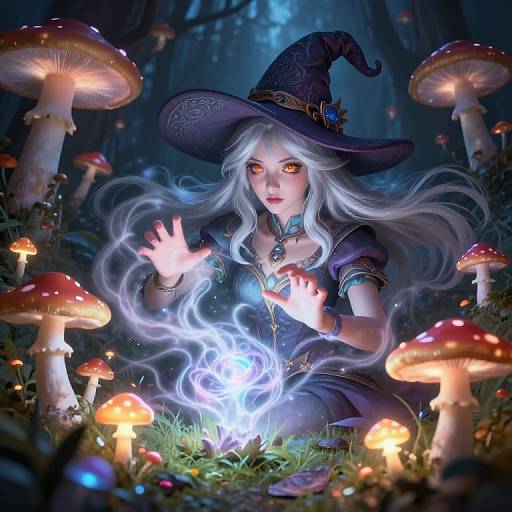 Digital fantasy artwork of a white-haired witch with glowing orange eyes, wearing a black hat and dress, casting a blue magic spell among glowing mushrooms in a